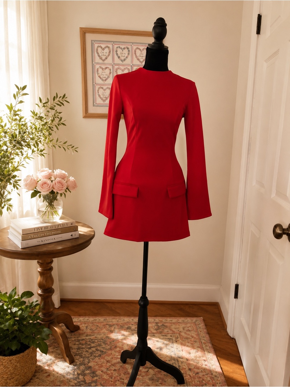 Red Long-Sleeve Mini Dress with Flap Pocket Detail